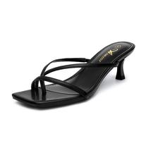 Women's Strappy Kitten Heels Flip Flops Square Open Toe Low Heels Fashion Party Dress Thong Heeled Sandals Girl Black Walking...