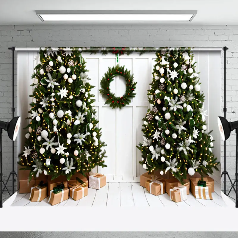 Aperturee White Wood Door Wreath Christmas Tree Gift Backdrop - Aperturee