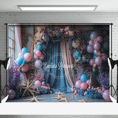 Retro Blue Pink Starfish Balloon Cake Smash Backdrop