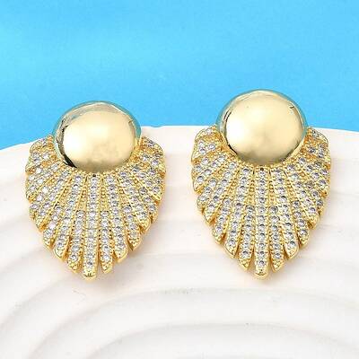 Brass Clear Cubic Zirconia Flat Round Stud Earrings