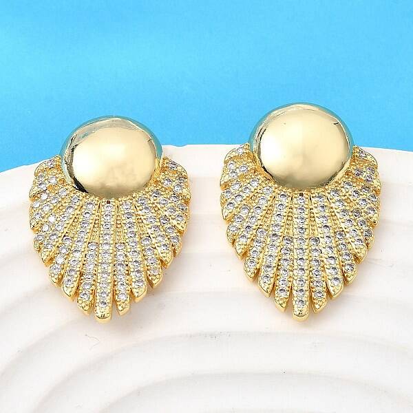 Brass Clear Cubic Zirconia Flat Round Stud Earrings