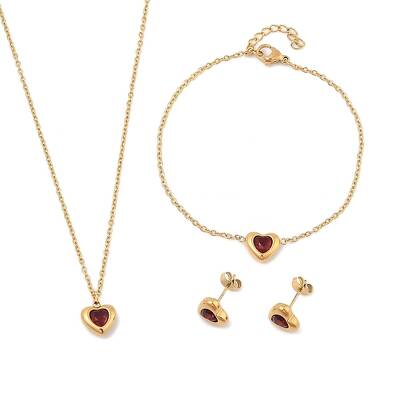 Heart 304 Stainless Steel Micro Pave Cubic Zirconia Pendant Necklaces & Bracelets & Stud Earrings Sets for Women