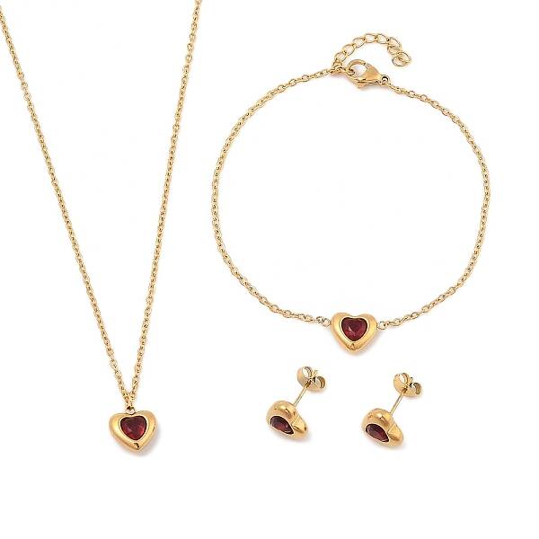 Heart 304 Stainless Steel Micro Pave Cubic Zirconia Pendant Necklaces & Bracelets & Stud Earrings Sets for Women