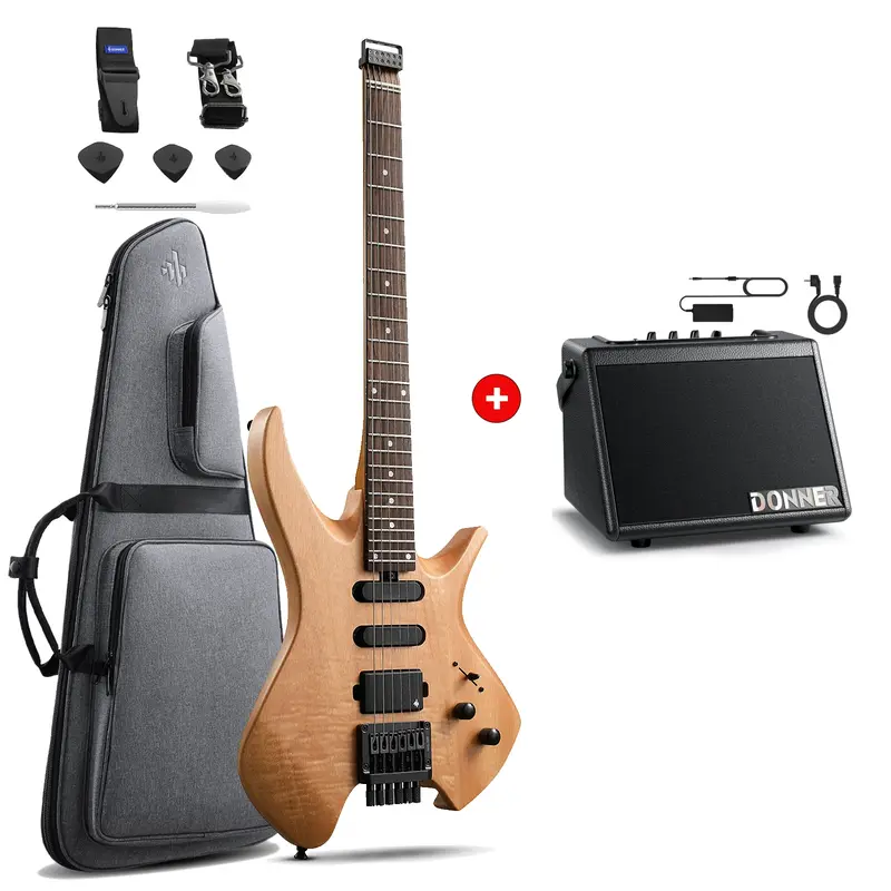 Donner HLX-500 Headless Electric Guitar - Wooden Nature / Guitar+Amplifer