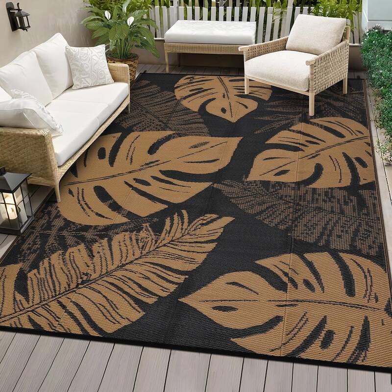 Garvee Outdoor Rug Waterproof Reversible Plastic Straw 10x14 with UV Protection and Corner Stakes for Patio Deck Backyard