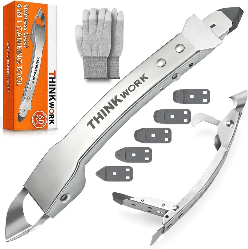 【Fall Deals For You】THINKWORK Stainless Steel Caulking Tools, 4 in 1 Sealant Caulk Remover Grout Removal Tool, Silicone C...
