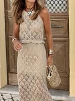 Women's Solid Hollow Out Crochet Tank Top & Skirt Two-piece Knitwear Set, Chic Elegant Fashion Casual Sleeveless Crochet Knit...