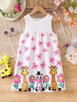 Girl's Cartoon Giraffe Print Dress, Cute Casual Crew Neck Sleeveless Dress for Summer, Kids Clothes for Daily Wear