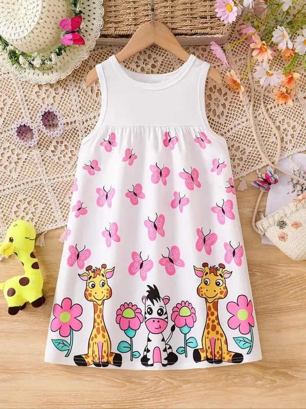 Girl's Cartoon Giraffe Print Dress, Cute Casual Crew Neck Sleeveless Dress for Summer, Kids Clothes for Daily Wear