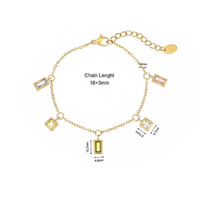 Stainless Steel Coloful Cubic Zirconia Rectangle Charms Bracelet Set for Women