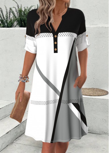 Modlily Multi Color Geometric Print Short Sleeve Split Neck Dress - L