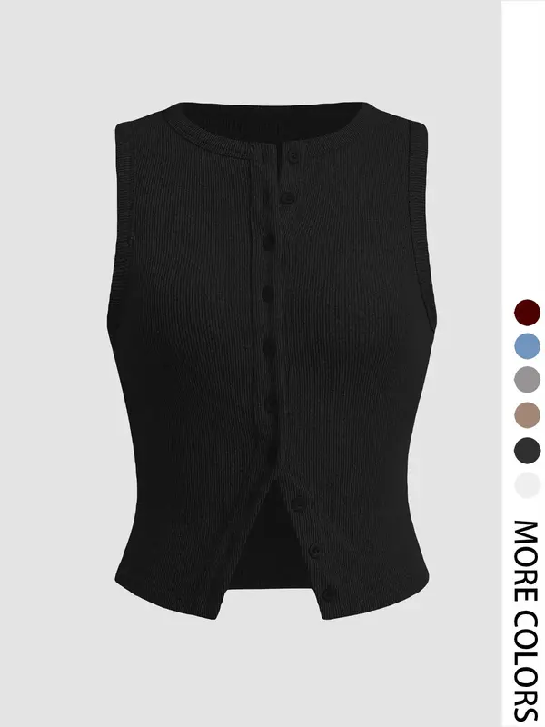 Women's Plain Button Front Ribbed Crop Tank Top, Casual Sleeveless Round Neck Top for Daily Wear, Ladies Clothes for All Seas...