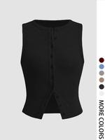 Women's Plain Button Front Ribbed Crop Tank Top, Casual Fit Sleeveless Round Neck Top for Daily Wear, Ladies Clothes for All ...