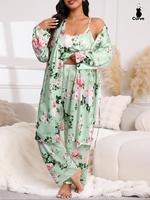 【Plus Size】 Floral Print Belted Dressing Gown & Cami Top & Pants Pajama Set, Elegant Comfy Loungewear Set, Women's Sleepw...