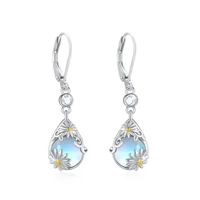 Sterling Silver Two-tone Pear Shaped Moonstone Daisy Lever-back Earrings