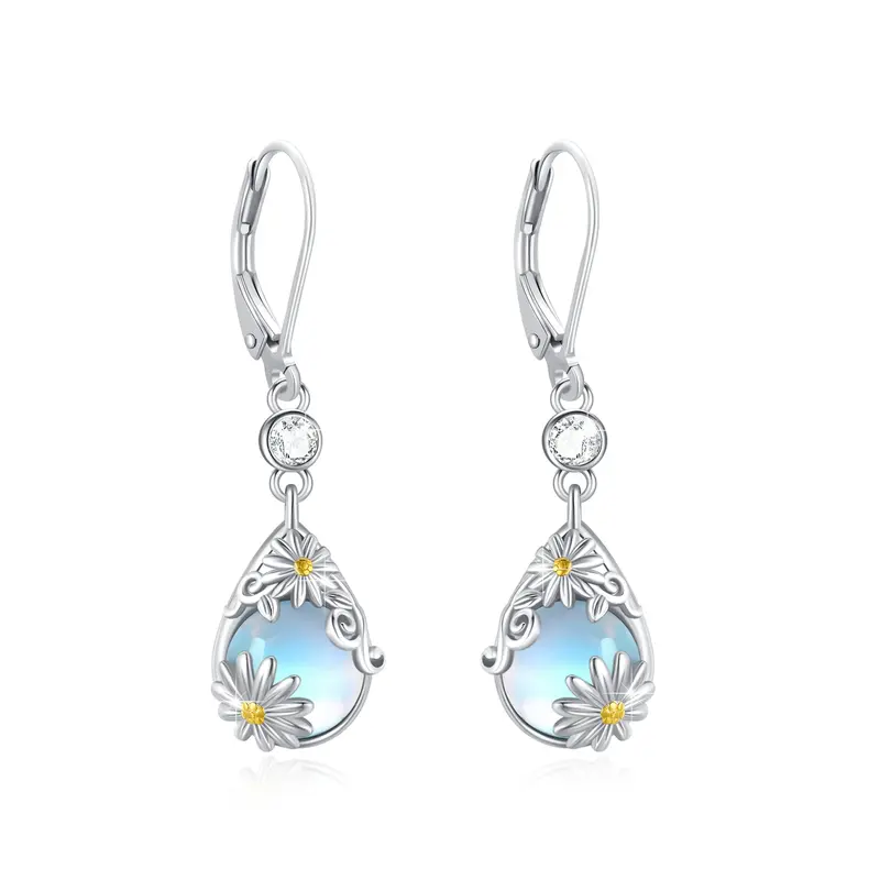 Sterling Silver Two-tone Pear Shaped Moonstone Daisy Lever-back Earrings