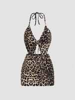Women's Plain / Leopard Print Halter Sleeveless Crop Top & Skirt Two-piece Set, Summer Outfits Set, Fashion Fitted Backless A...