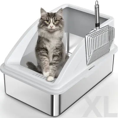 Enclosed Cat Litter Box Stainless Steel with Lid, XL Extra Large Litter Box for Big Cats, Anti-Urine Leakage, Include Cat Mat...