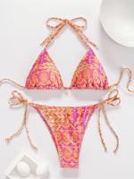 Two-piece Set Women's Sexy All Over Print Bikinis, Sexy Tie Back Halter Triangle Swim Top & Tie Side Swim Bottom for Summer, ...