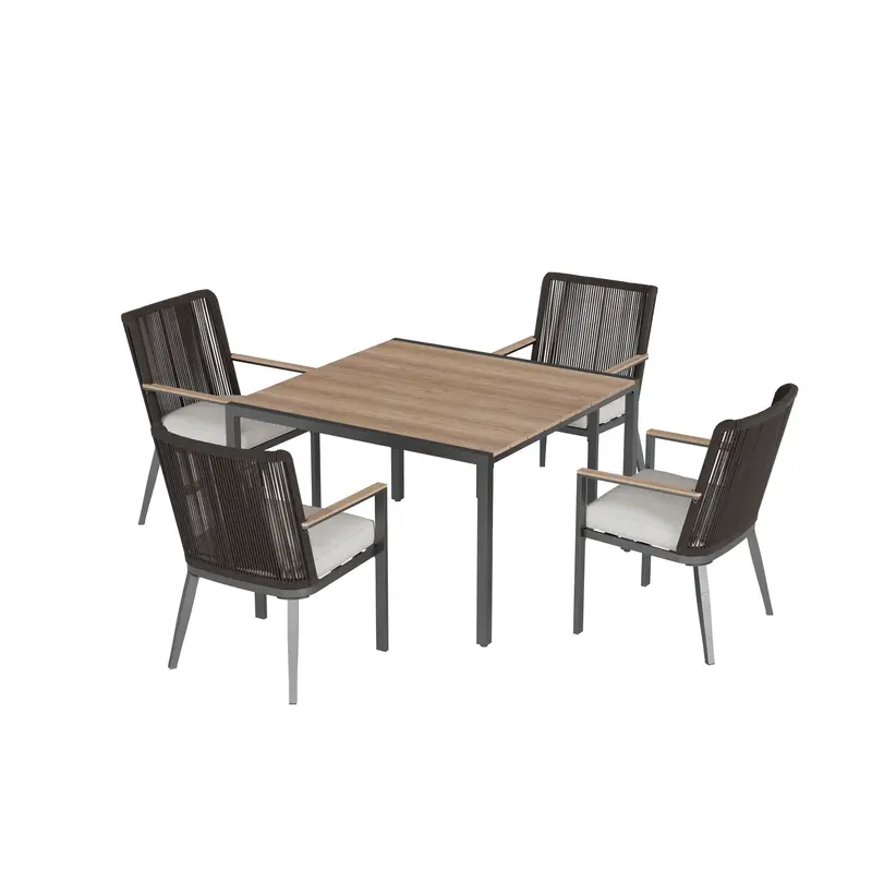 SUNJOY allen + roth Ashford 5 -Piece Brown Wicker Patio Dining Set Steel Square Table with 4 Cream Cushions Stationary Chairs