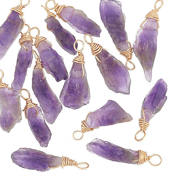 16Pcs Raw Rough Natural Amethyst Copper Wire Wrapped Pendants