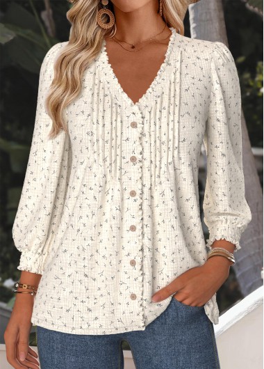 Modlily Beige Floral Print Long Sleeve V Neck Blouse - XXL