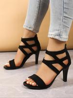 Women's Fashionable Cross Strap Open Toe High Heel Sandals,  Strap Heels, Leather Sandals, Elegant Solid Color Sandals for Pa...