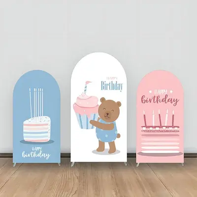 Brown Smile Bear Cupcake Pink Blue Arch Backdrop Kit - Aperturee