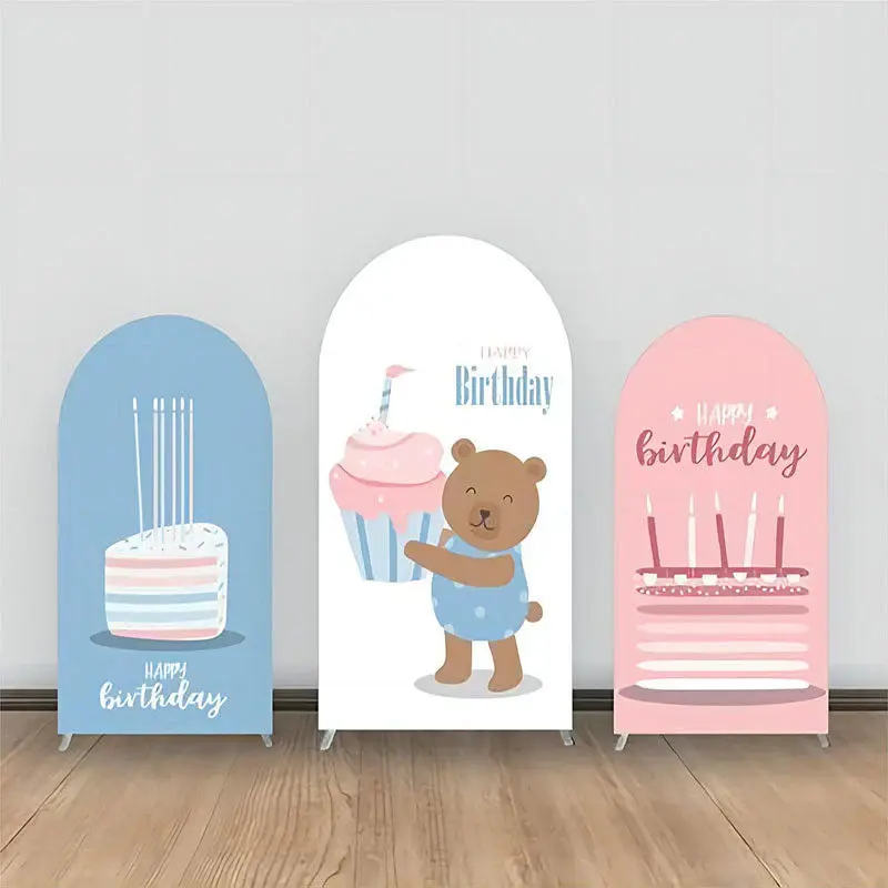 Brown Smile Bear Cupcake Pink Blue Arch Backdrop Kit - Aperturee