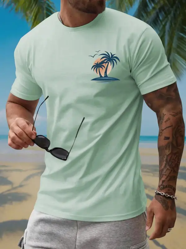 Men's Regular Fit Coconut Tree Print Round Neck Tee, Casual Short Sleeve Crew Neck T-shirt for Summer, Fashion Men's Top for ...