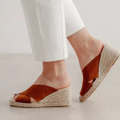 Genoa Cross Strap Vegan Suede Espadrille Wedge Sandals - Caramel | Select size: 9.5 US (41EU) | Color: Caramel Brown