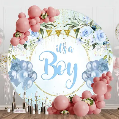 Blue Gold Diamonds Floral Round Baby Shower Backdrop - Aperturee