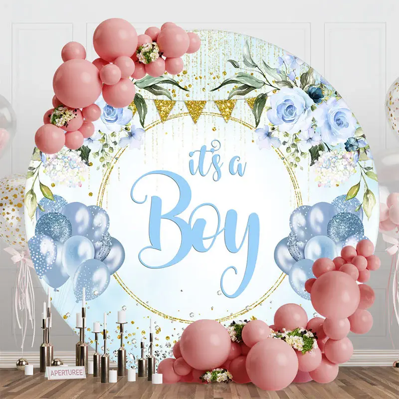 Blue Gold Diamonds Floral Round Baby Shower Backdrop - Aperturee