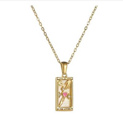 Rhinestone Tarot Card Pendant Necklace with Enamel