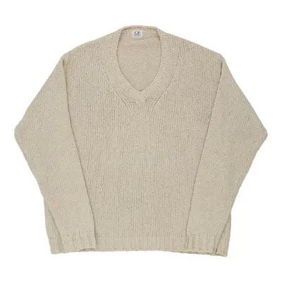 C.P. Company V-neck Jumper - 2XL Cream Cotton Blend | Size: xx-large