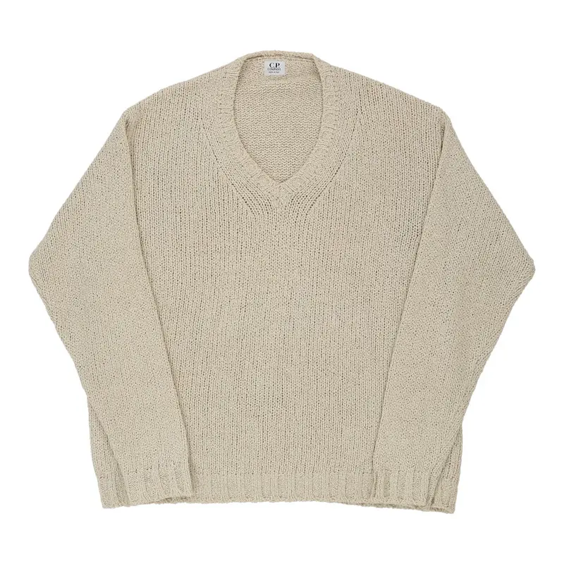 C.P. Company V-neck Jumper - 2XL Cream Cotton Blend | Size: xx-large