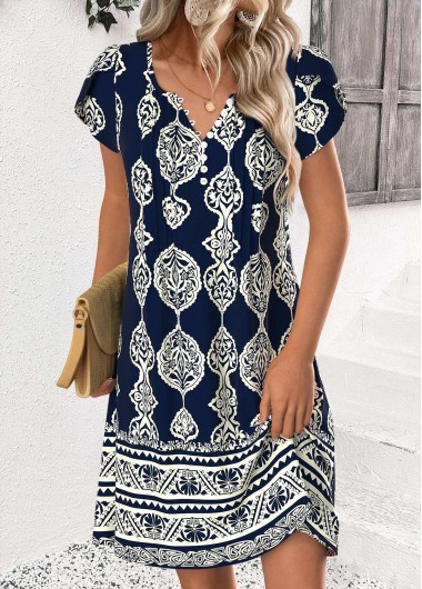 Modlily Navy Tribal Print Short Split Neck Dress - L