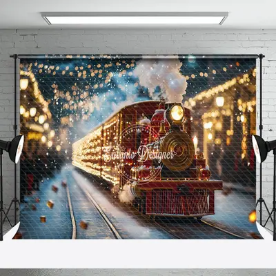 Shining Red Train Lights Christmas Photo Backdrop - Aperturee