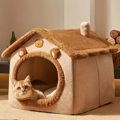 Cute House Design Pet Bed for Spring, Warm Plush Dog & Cat House, Pet Supply for Indoor Outdoor Use, Warm Cat Nest in Winter,...