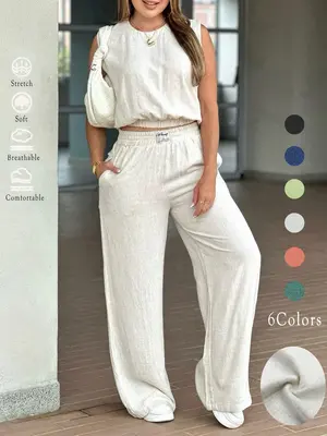 Two-Piece Set Women's Solid Color Tank Top & Wide Leg Pants Set, Casual Fashion Cozy Breathable Two-piece for Daily Outdoor W...