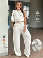 Two-Piece Set Women's Solid Color Tank Top & Wide Leg Pants Set, Casual Fashion Cozy Breathable Two-piece for Daily Outdoor W...