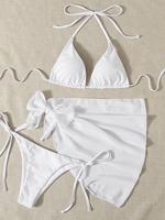 Three-piece Set Women's Solid Bikinis Set, Casual Padded Triangle Halter Swim Top & Tie Side Swim Bottom & Cover Up Skirt Set...