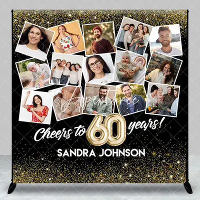 Aperturee Black Gold Custom Name Photo 60th Anniversary Backdrop, 3X3FT(1X1M), 15 USD, custom anniversary backdrops, DZDM1Y85...