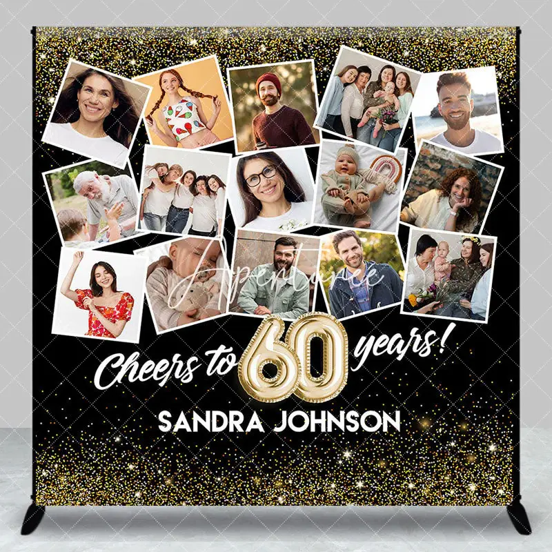 Aperturee Black Gold Custom Name Photo 60th Anniversary Backdrop, 3X3FT(1X1M), 15 USD, custom anniversary backdrops, DZDM1Y85...