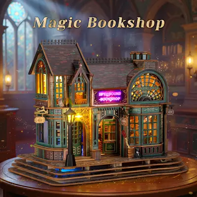 FUNPOLA LED 3D Wood Puzzle - Magic Bookshop Building Model Kit - DIY Miniature Magical Bookstore - 3D Puzzle Architecture Cra...