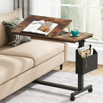 Tribesigns Height Adjustable C Shaped End Table with Wheels and Mobile Sofa Snack Table