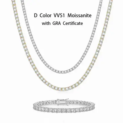 Tariff Safe Full Moissanite Synthetic  All Sizes Tennis Necklace Set D Color VVS1 Clarity Hypoallergenic Link for Men & Women...