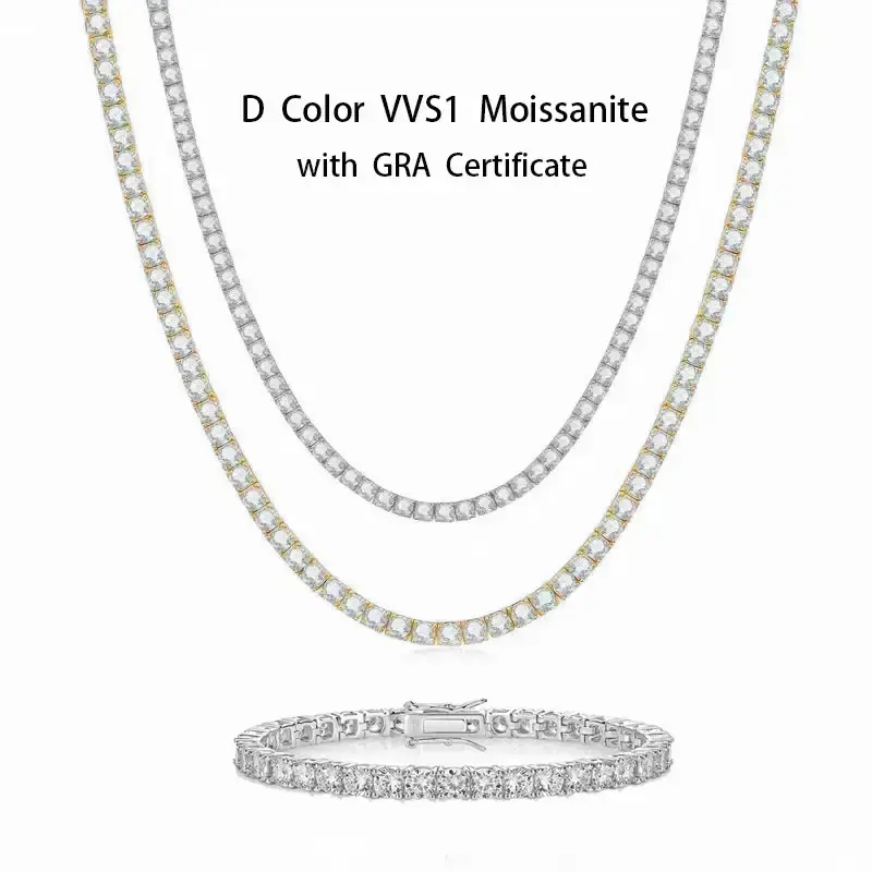 Tariff Safe Full Moissanite Synthetic  All Sizes Tennis Necklace Set D Color VVS1 Clarity Hypoallergenic Link for Men & Women...