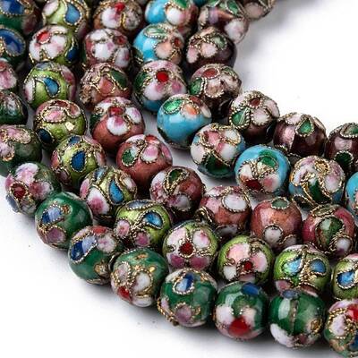 Vintage Handmade Flower Pattern Cloisonne Round Bead Strands