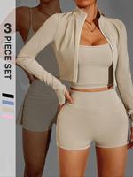 Three-piece Set Women's Solid Crop Cami Top & High Waist Skinny Shorts & Zip Up Jacket Set, Sporty Set for Yoga Gym Workout R...